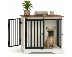 Aiverig® Hondenbench Hout Meubel – met Schuifdeur & Zijdeur – Hondenhok voor Binnen & Hondenkooi – Krasvrije Poten & Anti-knaag Sloten – Voor Kleine tot Middelgrote Honden – Wit Bruin – 69×49×65 CM