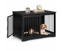 Aiverig® Hondenbench Hout Meubel – met Schuifdeur & Zijdeur – Hondenhok voor Binnen & Hondenkooi – Krasvrije Poten & Anti-knaag Sloten – Voor Middelgrote Honden – Zwart – 100×60×68 CM