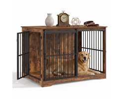 Aiverig® Hondenbench Hout Meubel XL – met Schuifdeur & Zijdeur – Hondenhok voor Binnen & Hondenkooi – Krasvrije Poten & Anti-knaag Sloten – Voor Grote Honden – Bruin – 110×65×81 CM