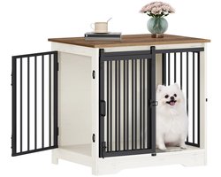 Aiverig® Hondenbench Meubel Hout Bijzettafel Wit Bruin – Hondenhok voor Binnen & Indoor Hondenkooi – Met Schuifdeur, Zijdeur & Antiknaag Sloten – Voor Kleine tot Middelgrote Honden –69×49×64,5 CM