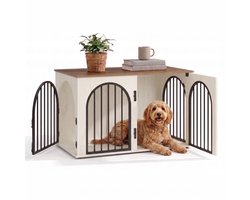 Aiverig® Hondenbench Meubel Hout L – Met 4 Deuren – Hondenhok voor Binnen & Hondenkooi – Anti-knaag Sloten & Krasvrije Poten – Voor Middelgrote Honden – Wit Bruin – 100×60×63 CM