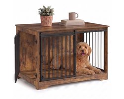 Aiverig® Hondenbench Meubel Hout L – met Schuifdeur & Zijdeur – Hondenhok voor Binnen & Hondenkooi – Krasvrije Poten & Anti-knaag Sloten – Voor Middelgrote Honden – Bruin – 100×60×68 CM
