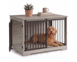Aiverig® Hondenbench Meubel Hout L – met Schuifdeur & Zijdeur – Hondenhok voor Binnen & Hondenkooi – Krasvrije Poten & Anti-knaag Sloten – Voor Middelgrote Honden – Grijs – 100×60×68 CM