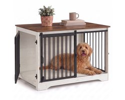 Aiverig® Hondenbench Meubel Hout L – met Schuifdeur & Zijdeur – Hondenhok voor Binnen & Hondenkooi – Krasvrije Poten & Anti-knaag Sloten – Voor Middelgrote Honden – Wit Bruin – 100×60×68 CM