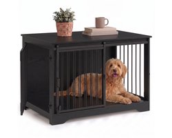 Aiverig® Hondenbench Meubel Hout L – met Schuifdeur & Zijdeur – Hondenhok voor Binnen & Hondenkooi – Krasvrije Poten & Anti-knaag Sloten – Voor Middelgrote Honden – Zwart – 100×60×68 CM