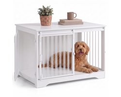 Aiverig® Hondenbench Meubel Hout L – met Schuifdeur & Zijdeur – Hondenhok voor Binnen & Hondenkooi – Krasvrije Poten & Anti-knaag Sloten – Voor Middelgrote Honden – Wit – 100×60×68 CM