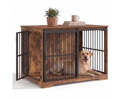 Aiverig® Hondenbench Meubel Hout XL – met Schuifdeur & Zijdeur – Hondenhok voor Binnen & Hondenkooi – Krasvrije Poten & Anti-knaag Sloten – Voor Grote Honden – Bruin – 110×65×81 CM