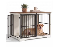 Aiverig® Hondenbench Meubel Hout XL – met Schuifdeur & Zijdeur – Hondenhok voor Binnen & Hondenkooi – Krasvrije Poten & Anti-knaag Sloten – Voor Grote Honden – Wit Bruin – 110×65×81 CM