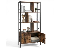 Aiverig® Industriële Boekenkast en Opbergkast – Vintage Bruin Hout – Boekenplank – Open Wandkast met 4 Planken en 2 Deuren – Met Kantelbeveiliging – Voor Woonkamer, Slaapkamer en Kantoor – Afgewerkt Zwart Metaal – 74×30×154.5 CM
