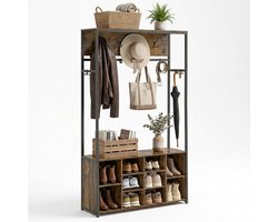 Aiverig® Industriële Kapstok met Schoenenrek – Garderoberek met Zitbankje – Staande Kapstok en Schoenenkast – Inclusief 14 Haken & Verstelbare Planken – Zwart Metaal & Vintage Houtlook – Voor Hal, Jassen, Tassen en Schoenen – 100×32×180 CM