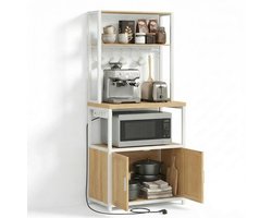 Aiverig® Industriële Keukenkast en Vitrinekast – Hout & Wit – Opberg Kast voor Keuken met Stopcontacten – Inclusief 4 Planken, 8 Haken en 2 Deuren – Voor Magnetron, Koffiemachine, Keuken en Woonkamer – Afgewerkt Wit Staal – 60×40×170 CM