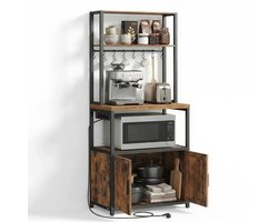 Aiverig® Industriële Keukenkast en Vitrinekast – Vintage Hout & Zwart – Opberg Kast voor Keuken met Stopcontacten – Inclusief 4 Planken, 8 Haken en 2 Deuren – Voor Magnetron, Koffiemachine, Keuken en Woonkamer – Afgewerkt Zwart Staal – 60×40×170 CM