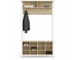 Aiverig® Kapstok met Schoenenrek en Zitbank - Staand Halmeubel - 13 Haken - 14 Vakken - Eikenlook Wit - 108 x 31 x 187 cm
