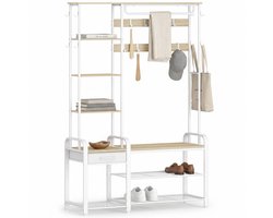 Aiverig® Kapstok met Schoenenrek & Zitbank – Halmeubel & Garderoberek met Lade & Zijplanken – Staande Kapstok met Kledingroede & 9 Haken – Halmeubel met Kapstok – Goud Eiken & Wit – 120×40×182 CM