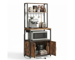 Aiverig® Keukenkast voor Magnetron – Magnetronkast & Keukenrek met Stopcontacten – Industriële Opbergkast met 2 Deuren, 8 S-Haken & 4 Verstelbare Planken – Voor Koffiemachine & Keukenapparatuur – Vintage Bruin Hout & Zwart – 60×40×170 CM