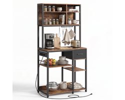 Aiverig® Keukenkast voor Magnetron – Magnetronkast & Keukenrek met Stopcontacten – Industriële Opbergkast met Stoffen Lade, 12 S-Haken & Verstelbare Planken – Voor Koffiemachine & Keukenapparatuur – Vintage Bruin Hout & Zwart – 80×40×180 CM