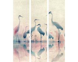 Akoestisch Kamerscherm – 3-Delig – 135 x 172 cm – Geluidsabsorberend – Birds by the lake – herons painted in watercolours in delicate grey and pink colours – Houten Frame – Roomdivider