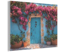 Akoestisch wandpaneel 100x70 cm - Vilt schilderij Deur - Hout - Bloemen - Blauw - Akoestische panelen - Geluidsdempende wanddecoratie - Geluidsisolatie woonkamer - Muurdecoratie geluidspanelen