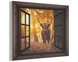 Akoestisch wandpaneel 100x70 cm - Vilt schilderij Schotse hooglander - Bos - Herfst - Dieren - Natuur - Bladeren - Doorkijk - Akoestische panelen - Geluidsdempende wanddecoratie - Geluidsisolatie woonkamer - Muurdecoratie geluidspanelen