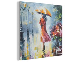 Akoestisch wandpaneel 50x50 cm - Vilt schilderij Olieverf - Paraplu - Vrouw - Straat - Kunst - Akoestische panelen - Geluidsdempende wanddecoratie - Geluidsisolatie woonkamer - Muurdecoratie geluidspanelen