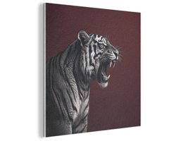 Akoestisch wandpaneel 50x50 cm - Vilt schilderij Tijger - Brult - Bordeaux - Akoestische panelen - Geluidsdempende wanddecoratie - Geluidsisolatie woonkamer - Muurdecoratie geluidspanelen