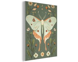 Akoestisch wandpaneel 70x100 cm - Vilt schilderij Bloemen - Bladeren - Olijfgroen - Vlinder - Akoestische panelen - Geluidsdempende wanddecoratie - Geluidsisolatie woonkamer - Muurdecoratie geluidspanelen