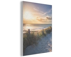 Akoestisch wandpaneel 70x100 cm - Vilt schilderij Zonsondergang - Strand - Duin - Gras - Bank - Akoestische panelen - Geluidsdempende wanddecoratie - Geluidsisolatie woonkamer - Muurdecoratie geluidspanelen