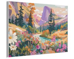 Akoestisch wandpaneel 90x60 cm - Vilt schilderij Rivier - Vallei vol bloemen - Levendig - Akoestische panelen - Geluidsdempende wanddecoratie - Geluidsisolatie woonkamer - Muurdecoratie geluidspanelen