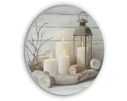 Akoestisch wandpaneel rond 50x50 cm - Vilt schilderij Stilleven - Wit - Kaarsen - Rustiek - Natuur - Ronde akoestische panelen - Geluidsdempende wanddecoratie - Geluidsisolatie wandcirkel - Muurdecoratie geluidspanelen