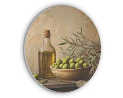 Akoestisch wandpaneel rond 60x60 cm - Vilt schilderij Olijven - Stilleven - Vintage - Ronde akoestische panelen - Geluidsdempende wanddecoratie - Geluidsisolatie wandcirkel - Muurdecoratie geluidspanelen