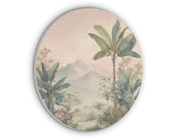 Akoestisch wandpaneel rond 60x60 cm - Vilt schilderij Tropisch landschap - palmbomen - Bloemen - Roze lucht - Ronde akoestische panelen - Geluidsdempende wanddecoratie - Geluidsisolatie wandcirkel - Muurdecoratie geluidspanelen