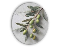 Akoestisch wandpaneel rond 70x70 cm - Vilt schilderij Olijventak - Beton - Mediterraan - Ronde akoestische panelen - Geluidsdempende wanddecoratie - Geluidsisolatie wandcirkel - Muurdecoratie geluidspanelen