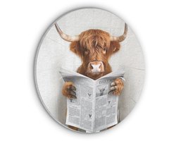 Akoestisch wandpaneel rond 70x70 cm - Vilt schilderij Schotse Hooglander - Dier - Krant - Toilet - Ronde akoestische panelen - Geluidsdempende wanddecoratie - Geluidsisolatie wandcirkel - Muurdecoratie geluidspanelen