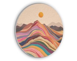 Akoestisch wandpaneel rond 90x90 cm - Vilt schilderij Zon - Kleurrijk landschap - Bergen - Ronde akoestische panelen - Geluidsdempende wanddecoratie - Geluidsisolatie wandcirkel - Muurdecoratie geluidspanelen