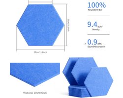 Akoestische panelen, 12 stuks, 30 x 26 x 1 cm, zeshoekige akoestische panelen, muur voor geluidsstudio, kantoor, studio en wanddecoratie, blauw