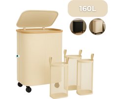 AKSA Home® Wasmand met Wieltjes - Wassorteerder met 3 vakken - Wasmand Opvouwbaar met Deksel - 160L - Beige/Creme