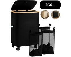 AKSA Home® Wasmand met Wieltjes - Wassorteerder met 3 vakken - Wasmand Opvouwbaar met Deksel - 160L - Zwart