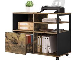 Aktkast, rolcontainer met lade, bureaukast, printtafel op wieltjes, hangmappenkast, rolkast, kantoorcontainer, met open vakken, voor documenten, vintage bruin, ASK05hov