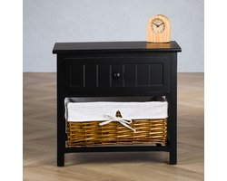 AKURE nachtkastje met rieten mand zwart - slaapkamer nachtkastje met lade en mand, bijzettafeltje landelijke stijl, klein kastje, grenenhouten nachtkastje - hoofdafbeelding