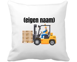 Akyol - heftruck met pallet met eigen naam Kussen hoes - Heftruck - mensen die werken in de magazijn - collega's - verjaardag - afscheidscadeau - geschenk - kado - 40 bij 40 cm