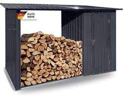 Albatros Profi gereedschapsschuur M - gereedschapsschuur met houten afdak voor 2,3m³ hout, gegalvaniseerd metaal in antraciet (RAL 7016) | 366x127x161cm | weerbestendige gereedschapopslag tuinkast