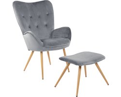 Albatros Wing Chair met Krukje York, Grijs - Vintage u Stijlvol, Fluwelen Bekleding - Elegante en SGS Goedgekeurde Leesstoel of Relaxstoel met Krukje in Moderne Look