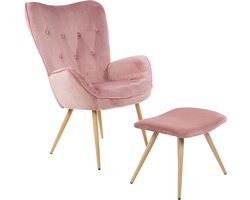 Albatros Wing Chair met Krukje York, Roze - Vintage u Stijlvol, Fluwelen Bekleding - Elegante en SGS Goedgekeurde Leesstoel of Relaxstoel met Krukje in Moderne Look