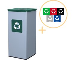 Alda Eco Square Bin, Prullenbak - 60L - Grijs/Groen - Afvalscheiding Prullenbakken - Gemakkelijk Afval Scheiden – Recyclen - Afvalemmer - Vuilnisbak voor huishouden en kantoor - Afvalbakken - Inclusief 5-delige Stickerset