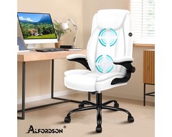 ALFORDSON Bureaustoel, Ergonomische Bureaustoel, Directiestoel, Draaistoel met opklapbare armleuningen, hoogteverstelbaar voor kantoor, belastbaar tot 150 kg, PU-leder, Wit