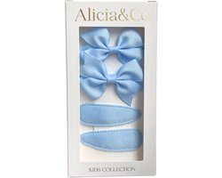 Alicia&Co - Classic Bow Set - Blue Bird - Set van 2 haarclips en 2 haarelastiekjes - cadeau - kraamcadeau - haarelastiekjes zonder metaal - haarspelden & clips - haarelastiekjes baby - haarelastiekjes kind - haarspeldjes kind - haarspeldjes baby