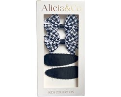 Alicia&Co - Classic Bow Set - Houndstooth - Set van 2 haarclips en 2 haarelastiekjes - cadeau - kraamcadeau - haarelastiekjes zonder metaal - haarspelden & clips - haarelastiekjes baby - haarelastiekjes kind - haarspeldjes kind - haarspeldjes baby