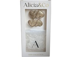 Alicia&Co – Tiny Tie & Heart Set – Gold Glitter - Set van 2 kleine alligator haarclips en 1 zakje met kleine transparante haarelastiekjes - cadeau - kraamcadeau - haarspelden & clips - haarelastiekjes kind - haarspeldje kind - haarspeldje baby