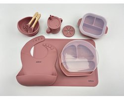 AliRose - Luxe Siliconen Servies - Set voor Baby's, Peuters en alle Kinderen - Meest Complete Set - BPA Vrij - Inclusief Anti-Slip Bord, Kom, Slab, Beker en Bestek - Geschikt voor Vriezer, Magnetron en Vaatwasser - Onbreekbaar - Roze