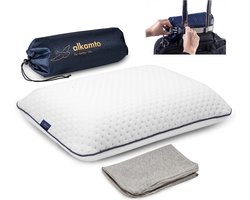 alkamto Reiskussen, campingkussen, traagschuim met extra katoenen overtrek, inclusief tas, orthopedisch neksteunkussen, visco-schuim, temperatuurregeling, 40 x 25 x 10 cm, wit, 40x25x10 cm